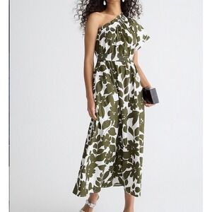J. Crew Smocked Cotton Poplin One Shoulder Dress XL Leafy Floral Olive NEW!
